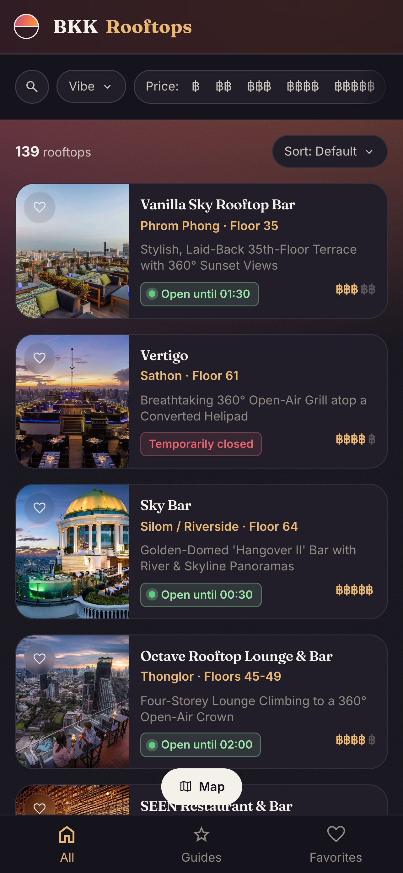 App home screen listing Bangkok rooftop bars with vibe, open-now and sunset-view filters