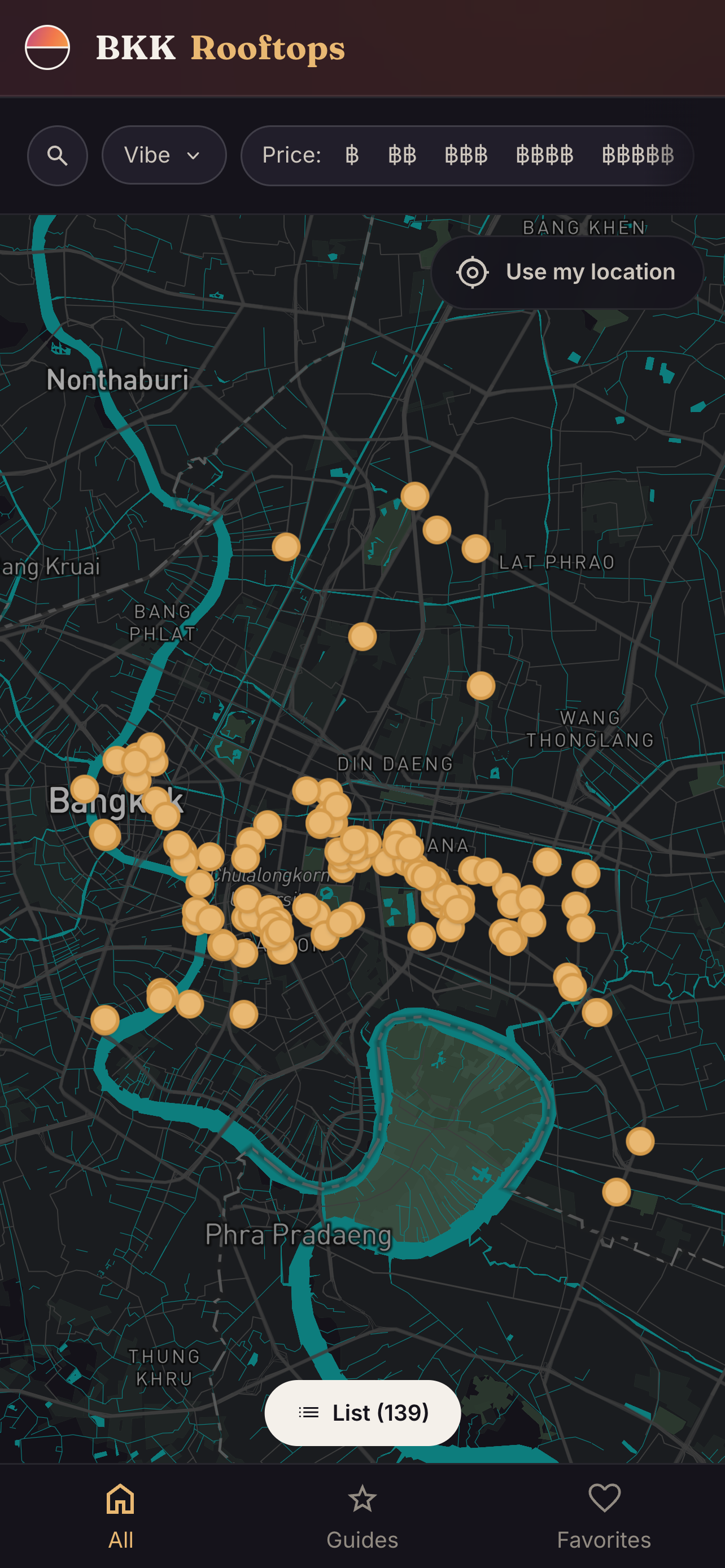 Interactive map of Bangkok with every rooftop bar pinned and a use-my-location button